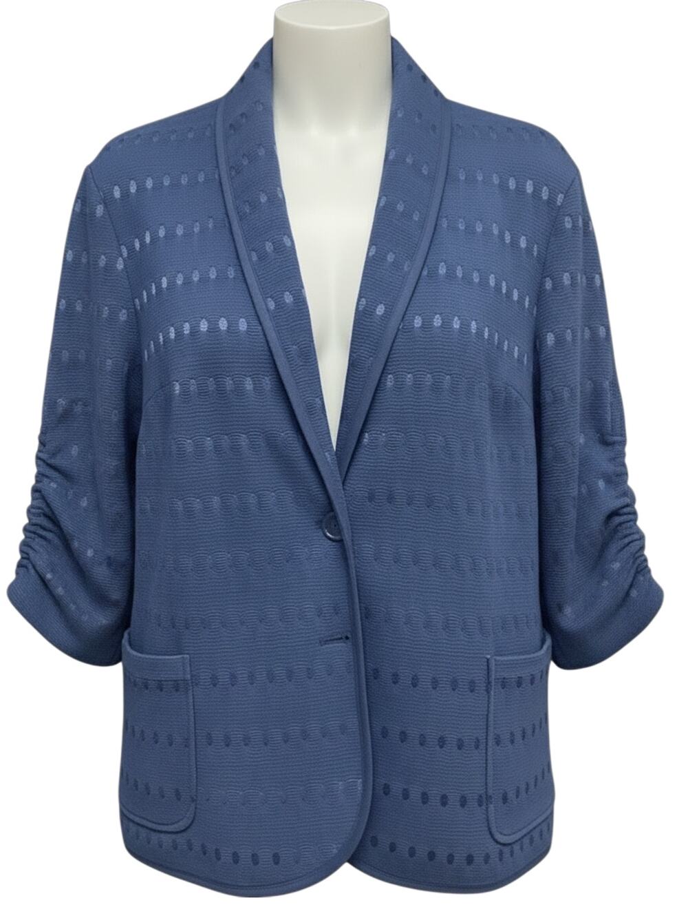 Vintage Carré Noir Blue Textured Eyelet Blazer, 3/4 Ruched Sleeves, Button Front